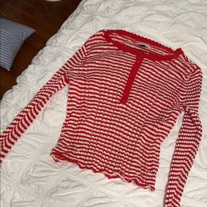 American Eagle Outfitters Red & White Striped Long-Sleeve Henley Top